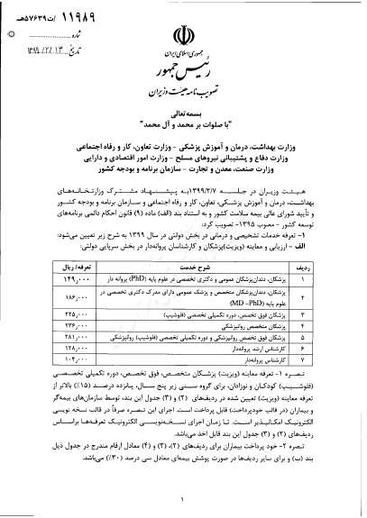 تعرفه خدمات تشخیصی و درمانی در بخش دولتی در سال ۱۳۹۹